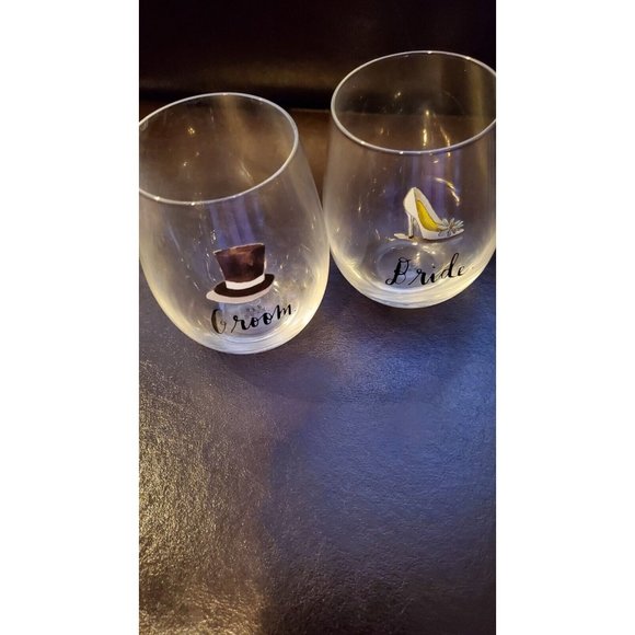 Rae Dunn BRIDE and GROOM Stemless Wine Glasses (Set of 2) - Picture 1 of 5